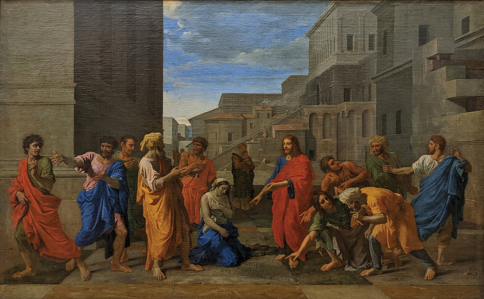 Imagem de referência de Cristo e a mulher apanhada em adultério, descrito nos dados abertos como pintura de Nicolas Poussin