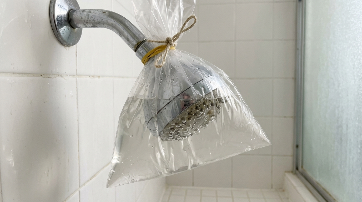 A gambiarra do saco plástico com vinagre amarrado na cabeça do chuveiro que derrete o calcário da água: o ácido acético age durante a noite, desobstrui os furos e recupera a pressão original da água