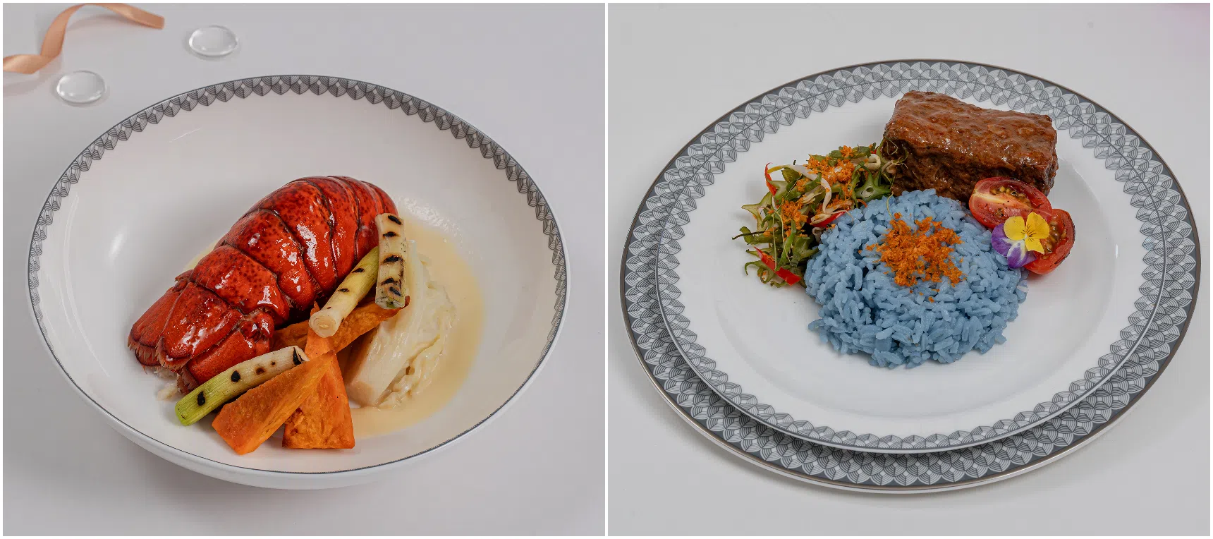 For Suites and first-class passengers, options include poached maine lobster with champagne sauce (left) and beef short rib sambal percik served with nasi kerabu.
