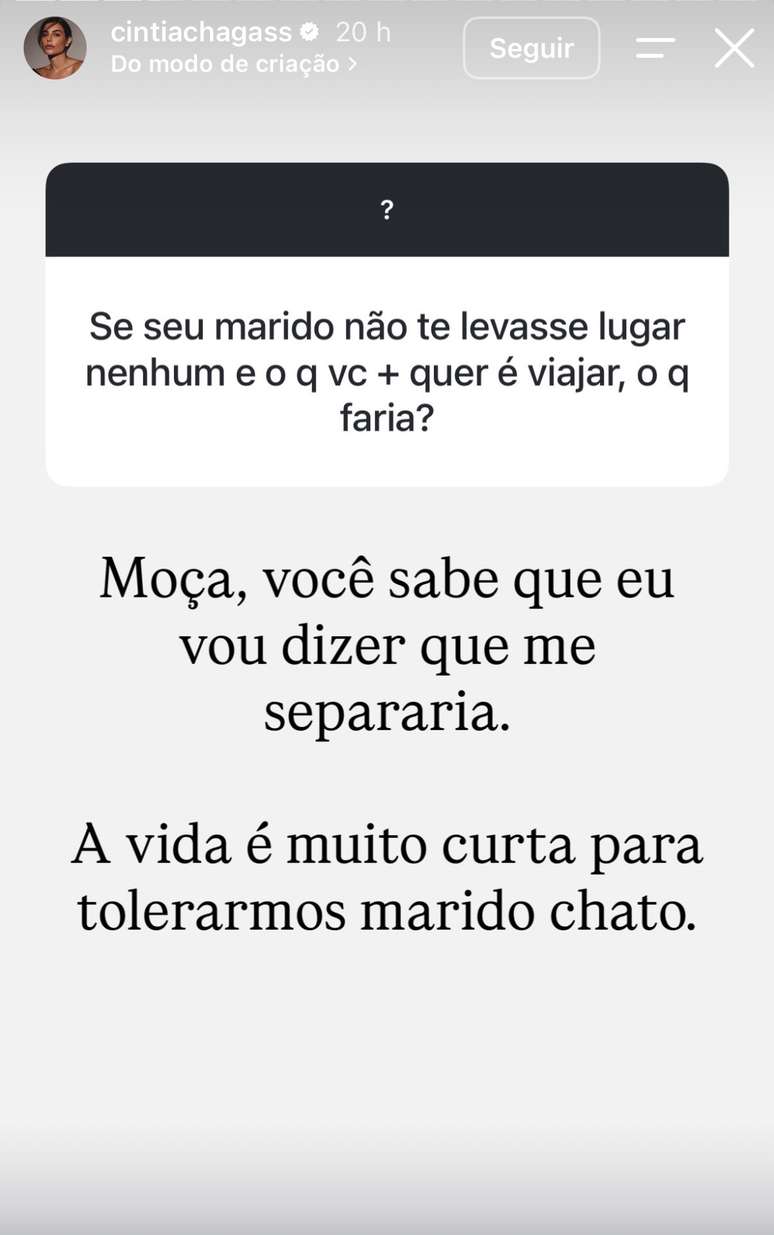 Cíntia Chagas, namorada de Barrichello, aconselha seguidora: 'Vida muito curta para marido chato'