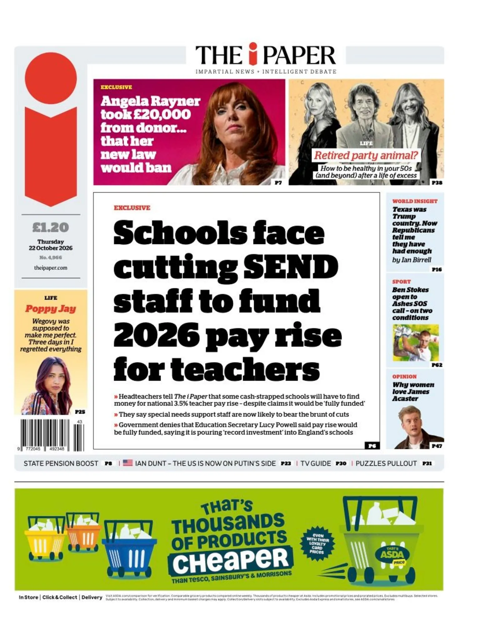 The headline on the front page of the i Paper reads: 'Schools face cutting SEND staff to fund 2026 pay rise for teachers.'