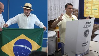 O presidente Luiz Inácio Lula da Silva, candidato à reeleição pelo Partido dos Trabalhadores (PT), votando em São Bernardo do Campo e e Flavio Bolsonaro no Rio — Foto: Maria Isabel Oliveira e Guito Moreto