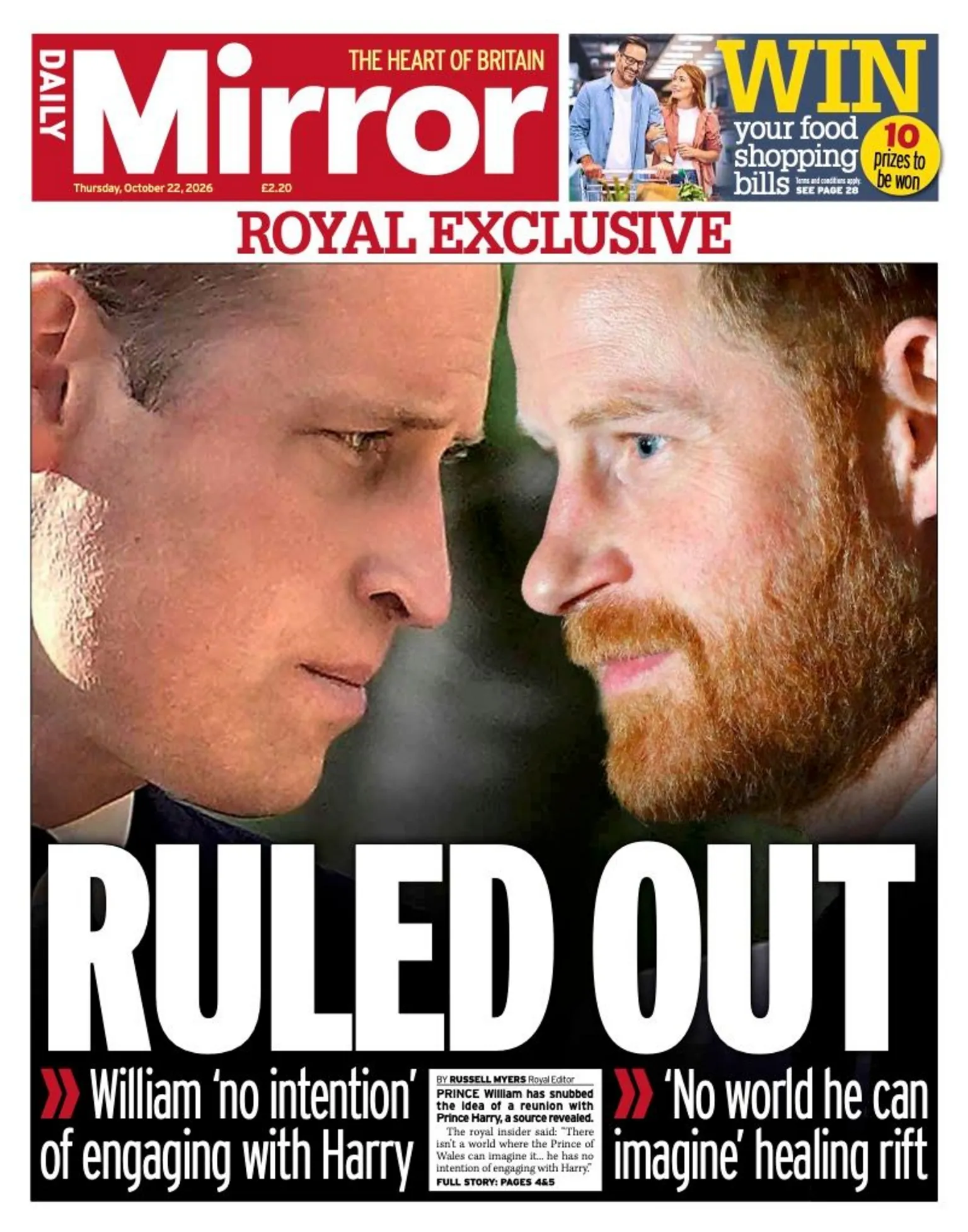 The headline on the front page of the Daily Mirror reads: 'Ruled out.'